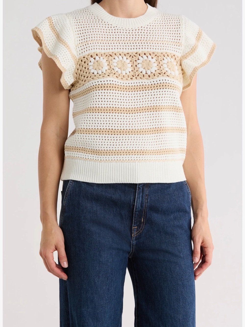 Elie Tahari Cream Crochet Flutter Sleeve Top with Tan Stripes
